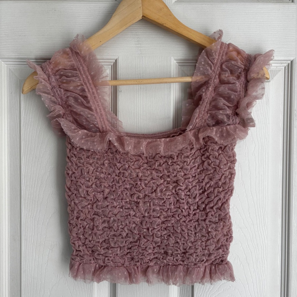 Free People Smocked Ruffle Tulle Square‎ Neck Crop Top Women's Size S Mauve